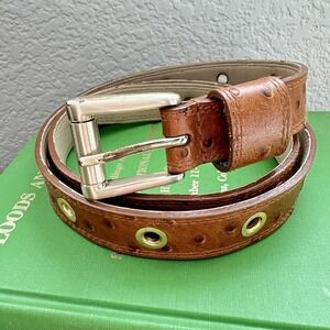 Talbots Brown Ostrich Leather Belt Gold Grommets Women's M 42.5" Length Skinny